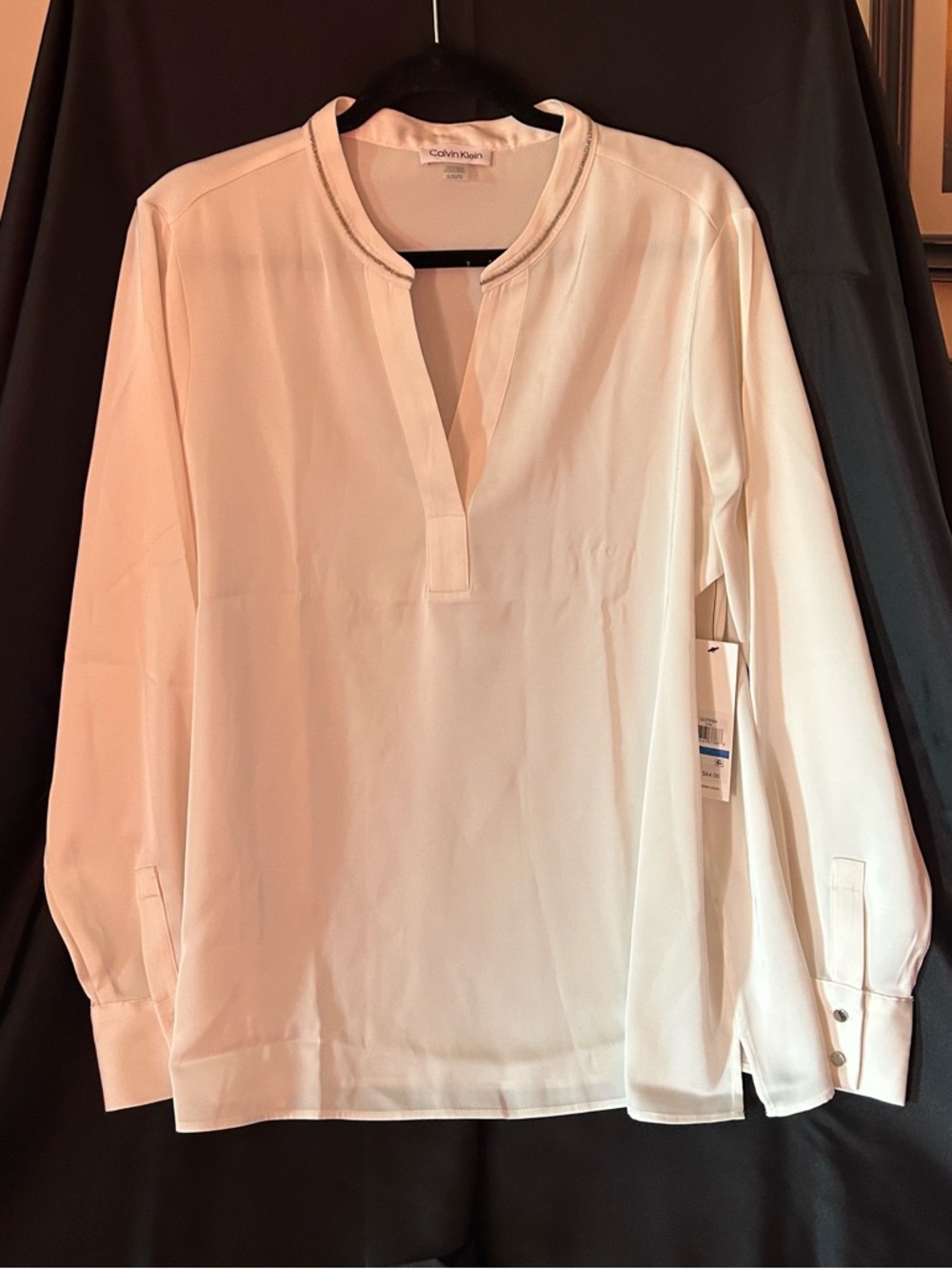 Calvin Klein Womens White Long-Sleeve Button-Down Style Henley Shirt
